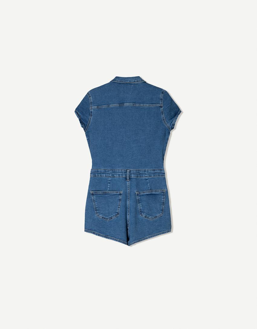Kort buksedragt i denim-Lyseblå-5