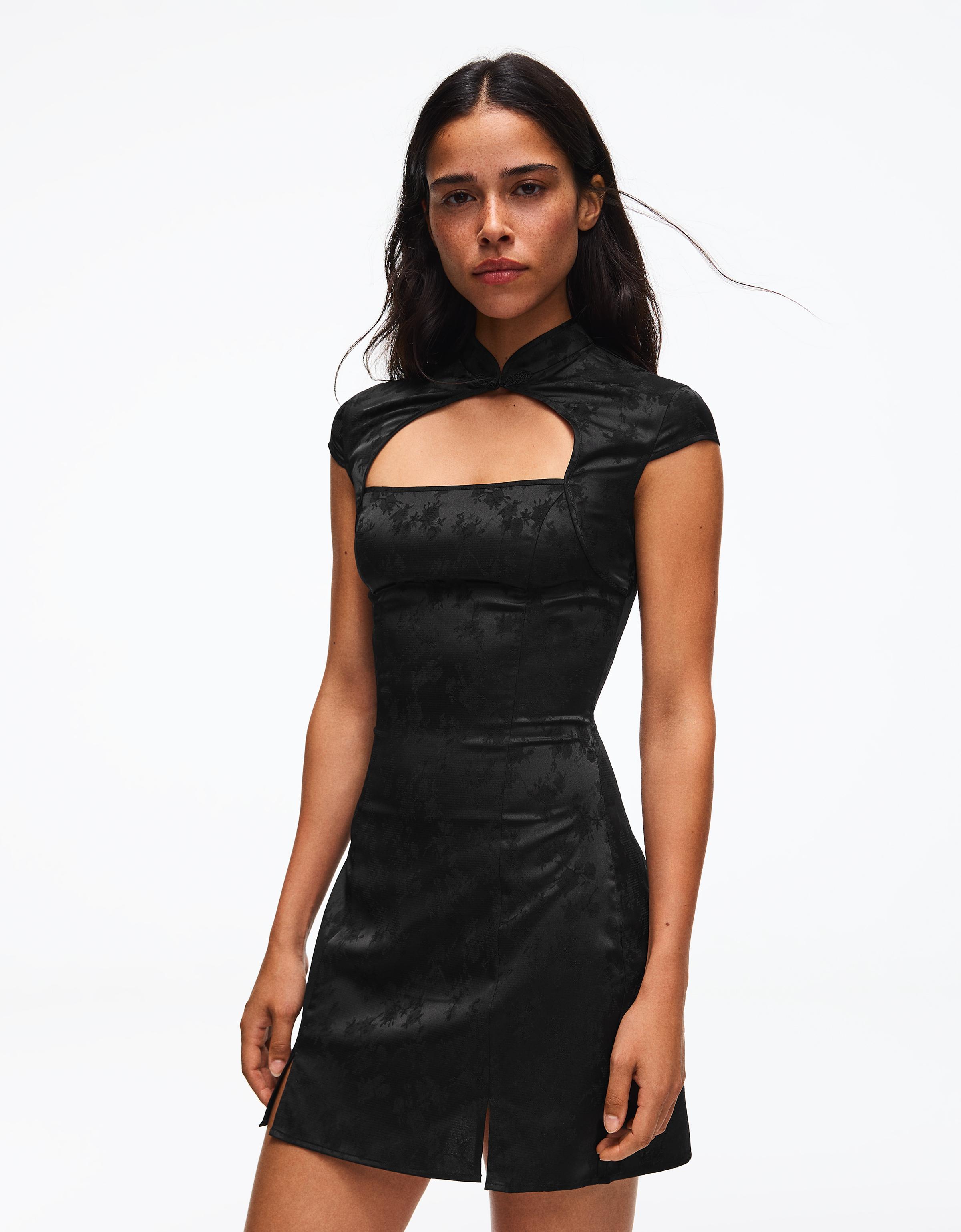 Bershka Vestido Mini Satén Jacquard Mujer L Negro