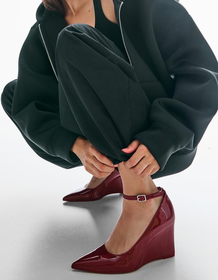 High-heel wedge shoes with ankle strap-RED