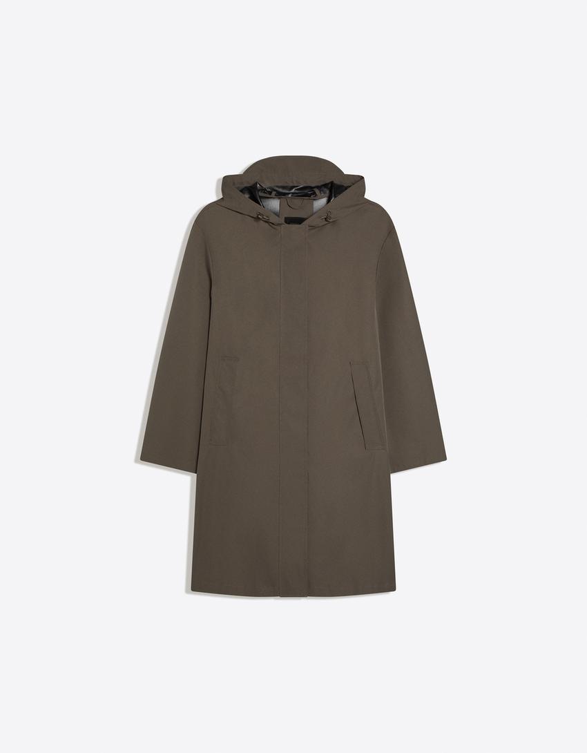 Kapüşonlu su ve rüzgar geçirmez trençkot-Haki