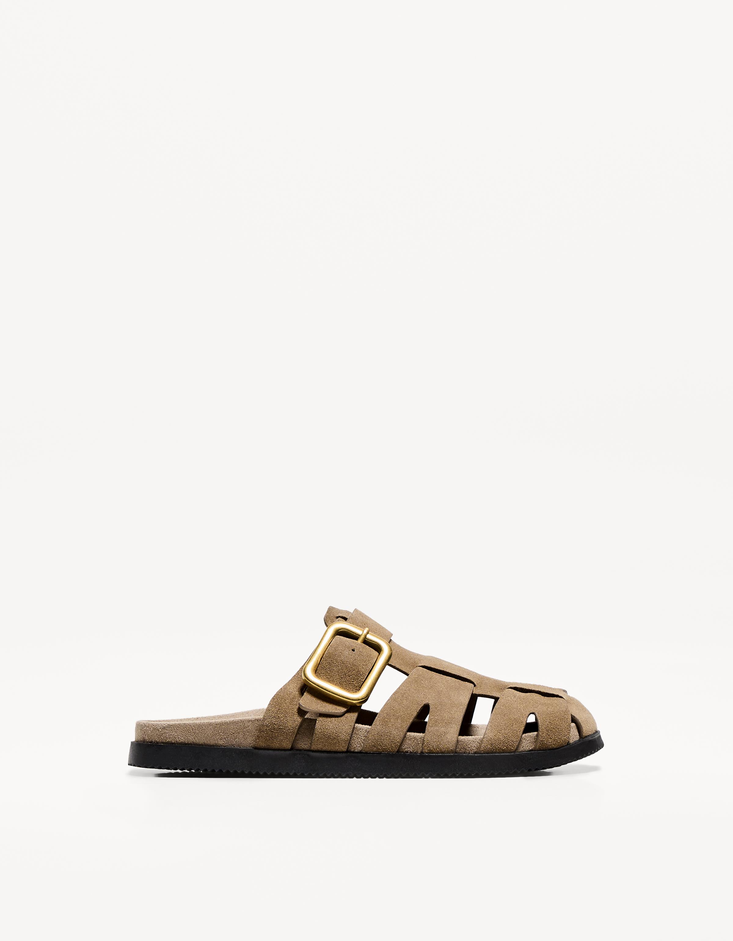 Thumbnail - Bershka Pantoletten Aus Leder Im T-Steg-Sandalen-Stil Damen 36 Gelbbraun
