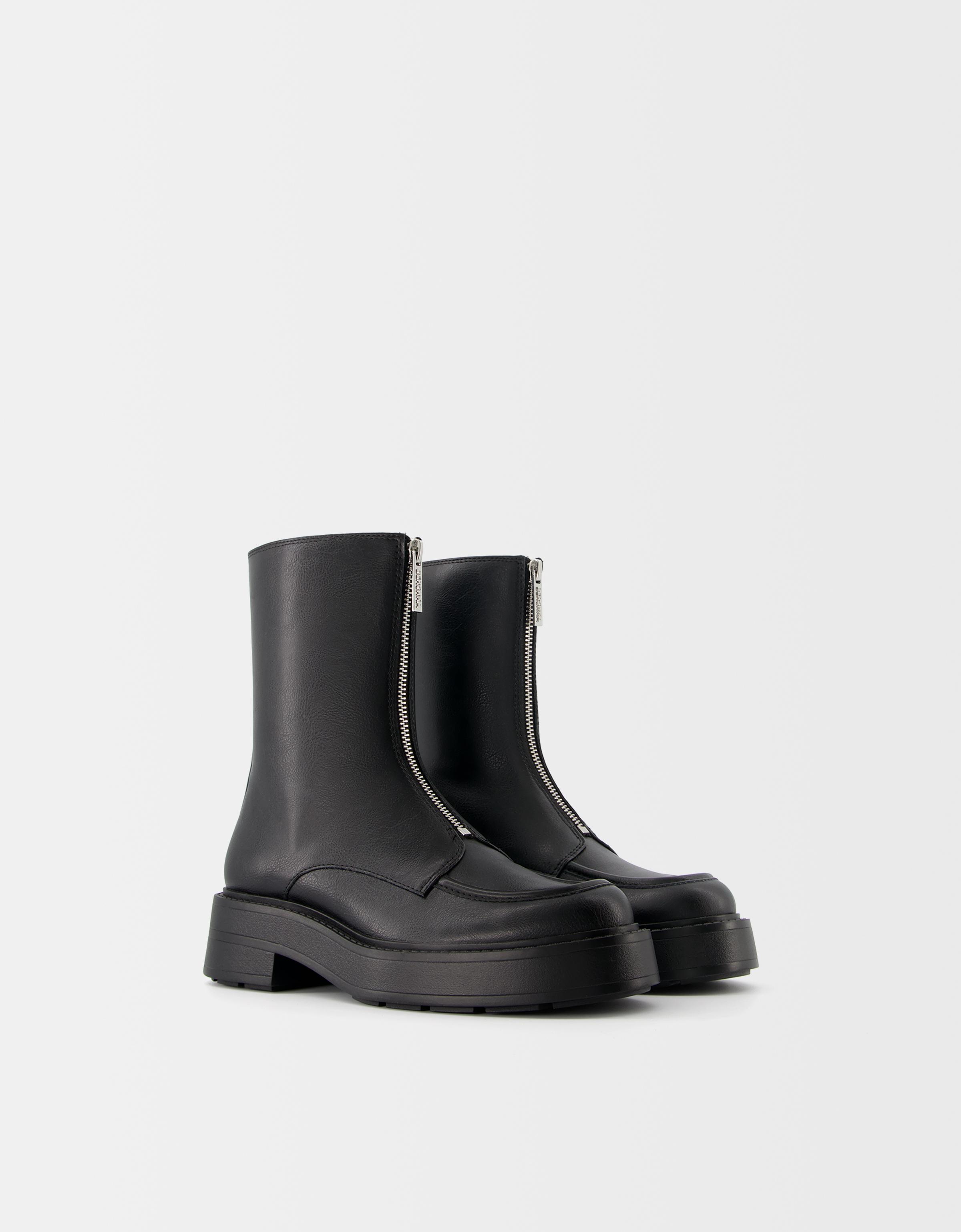 Flat ankle boots with front zip detail Shoes Women Bershka