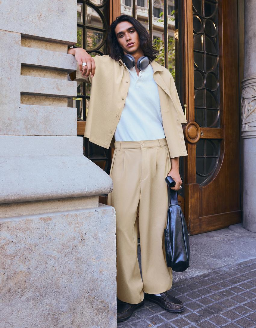 Pleated short sleeve boxy shirt-Sand