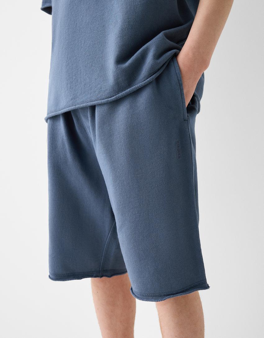 Calções bermuda felpa efeito lavado-Azul escuro-3