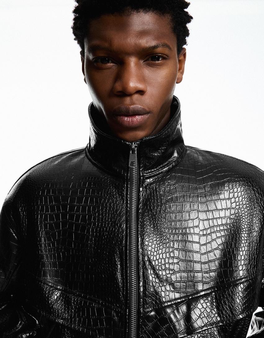 Suni deri desenli ceket-Siyah