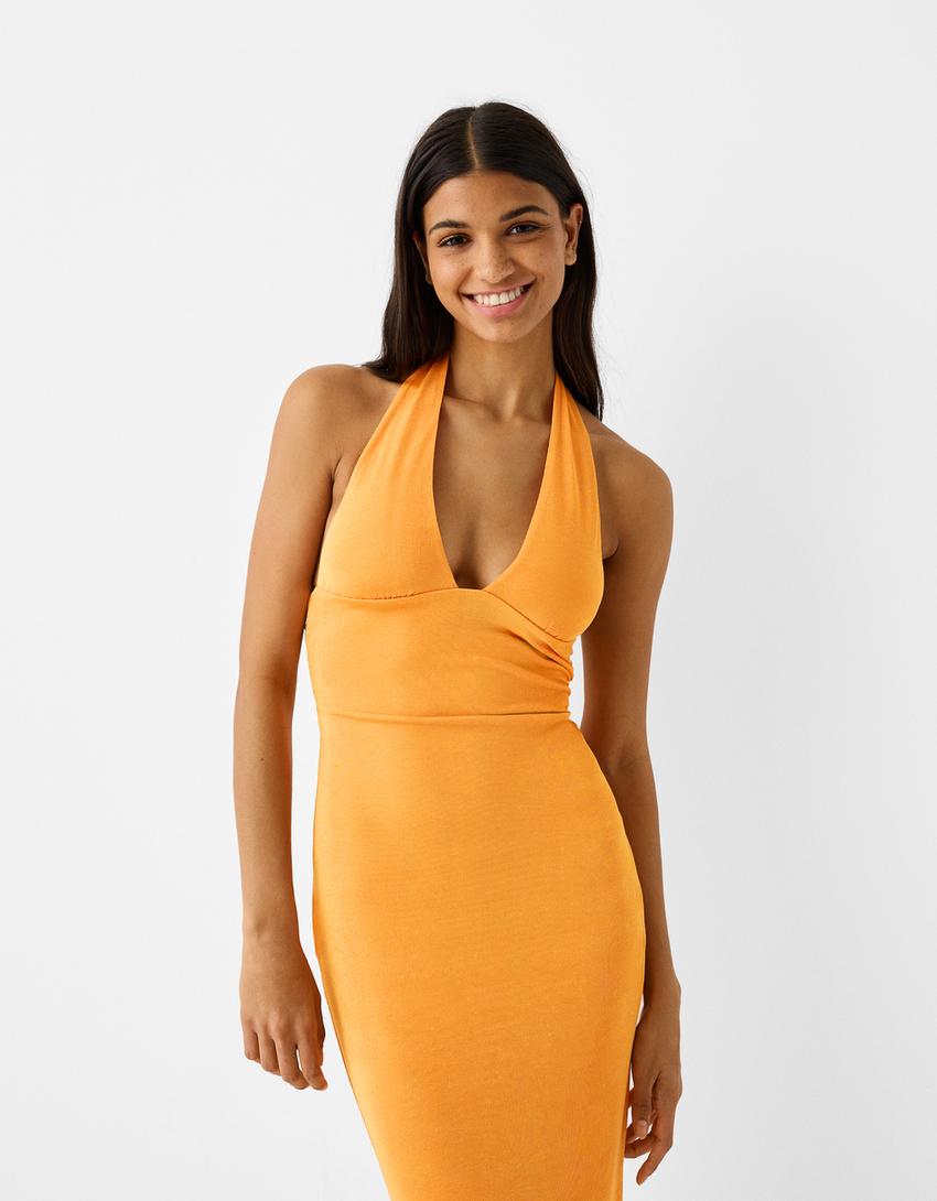 Halter neck midi dress-Orange-1