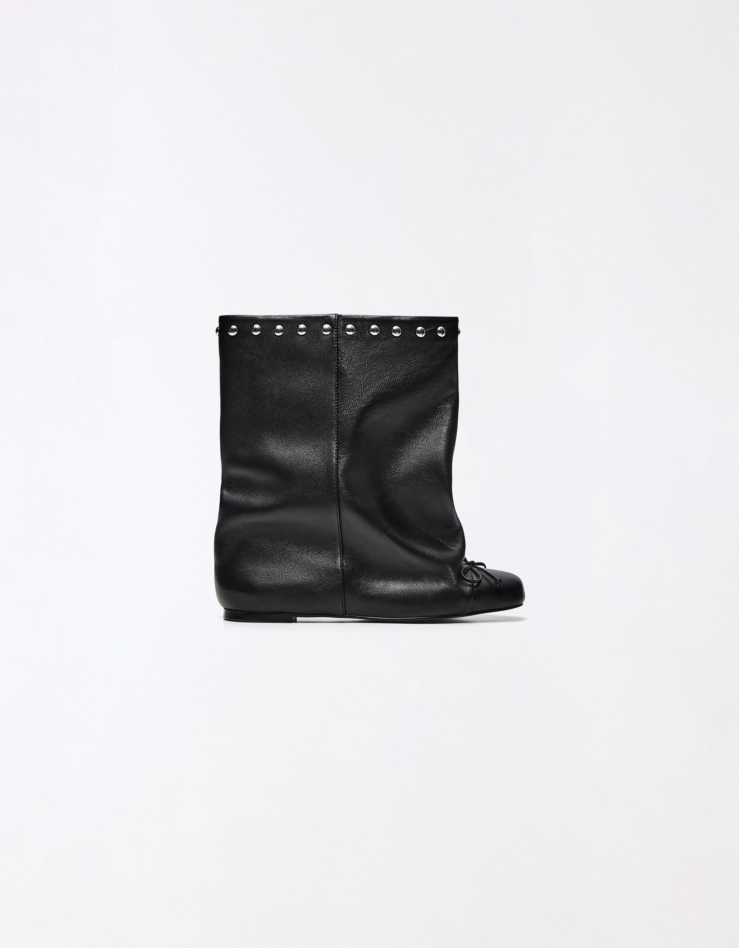 FLAT WIDE-SHAFT STUDDED LEATHER ANKLE BOOTS — BLACK