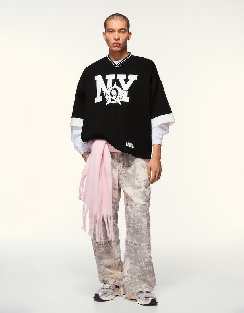 T-shirt met korte mouw en sportprint-Zwart