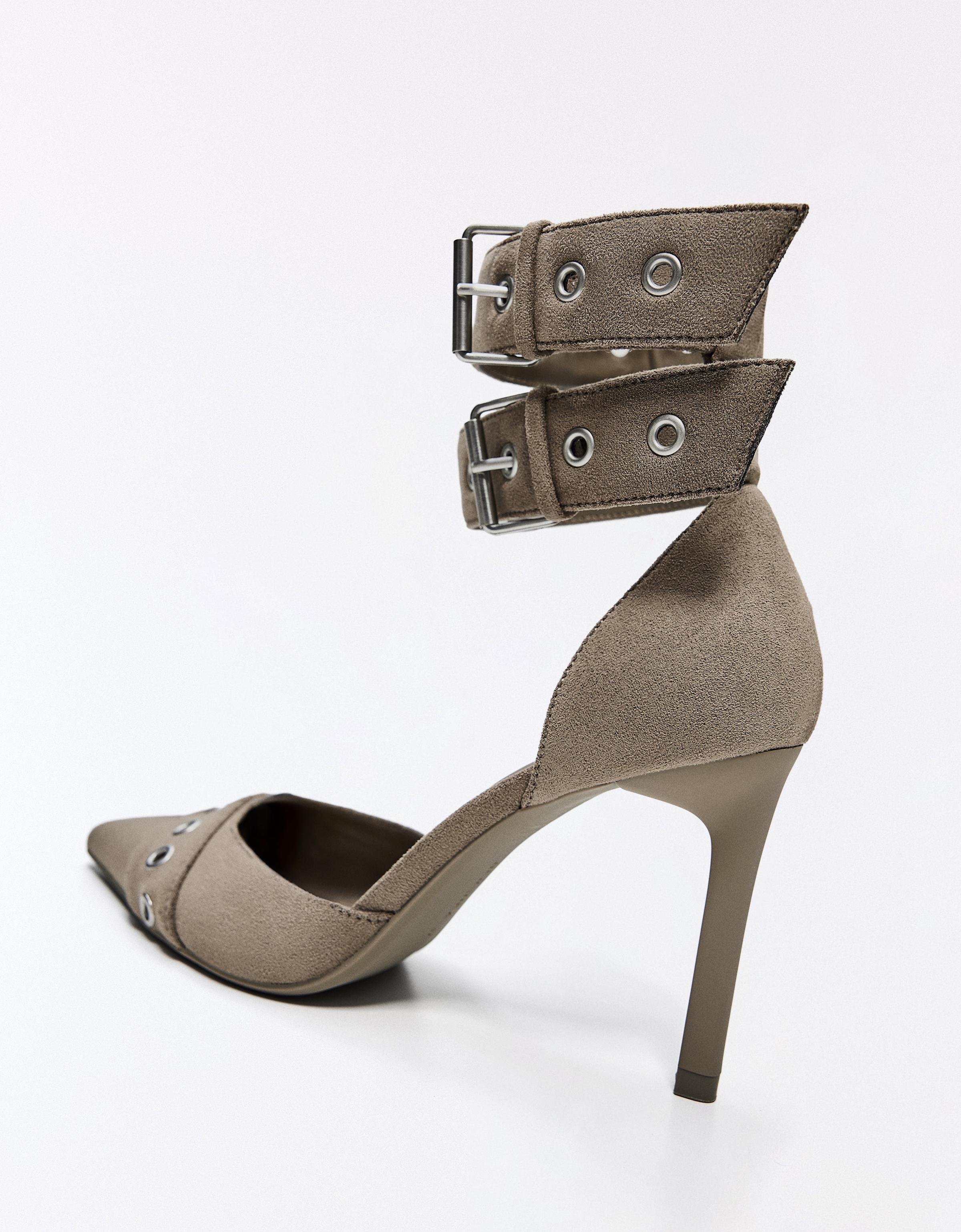 MULTI-BUCKLE ANKLE STRAP HEELS — SAND