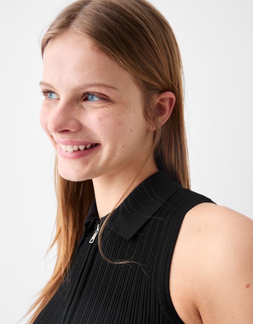 Sleeveless polo collar zip-up top-Black-2