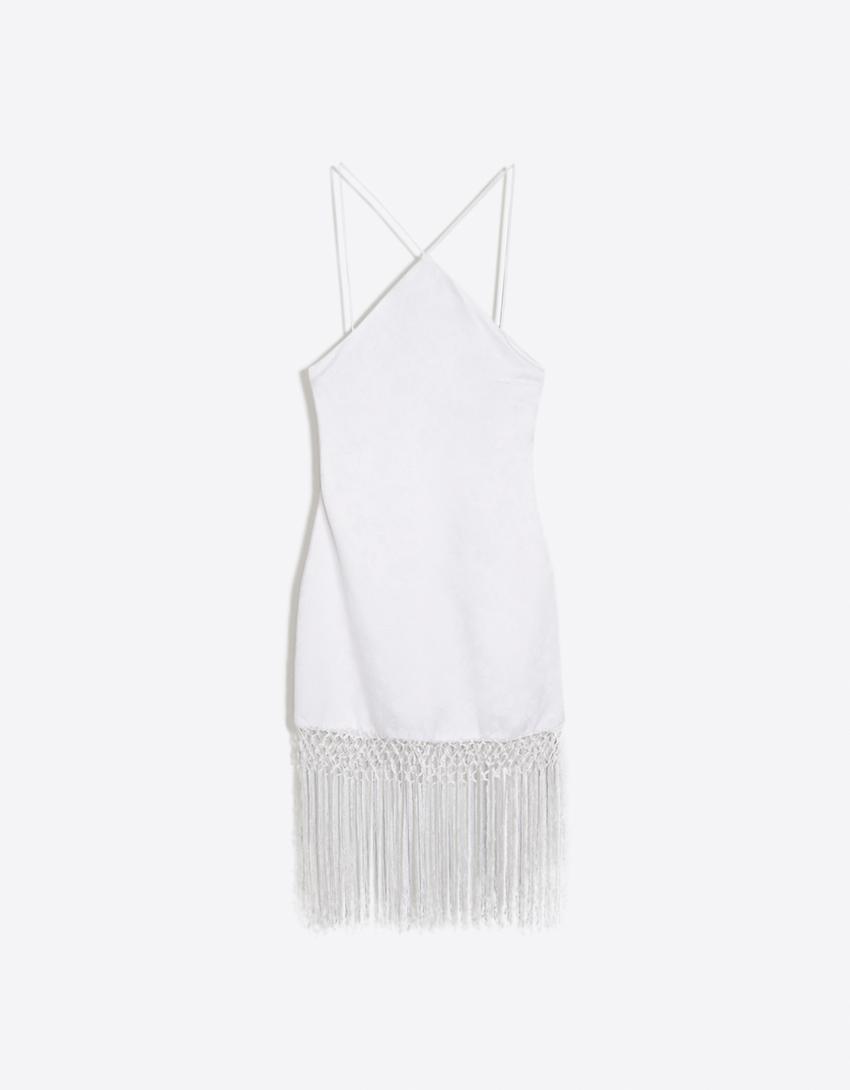 Halter neck jacquard mini dress with fringing-White