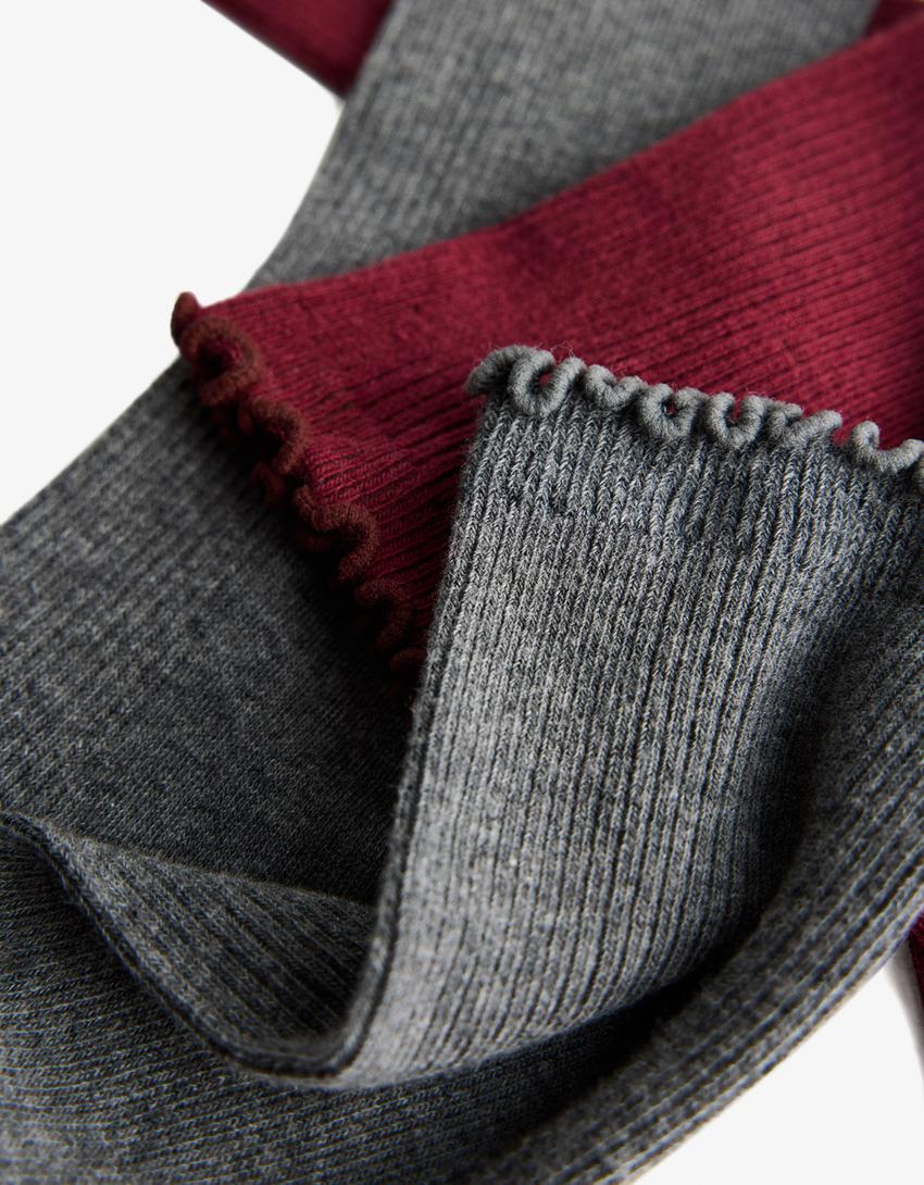 Pack of 2 lettuce-edge ribbed socks-Maroon-1