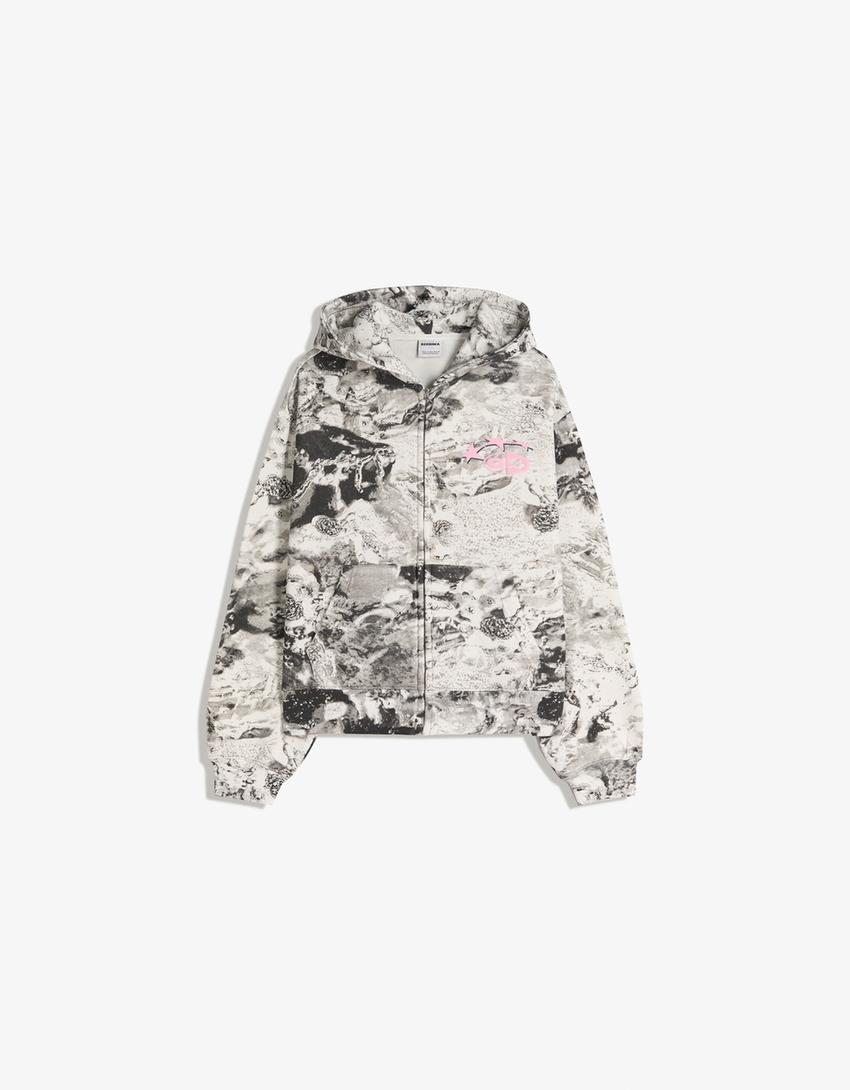 Cropped hooded print jacket-Grey