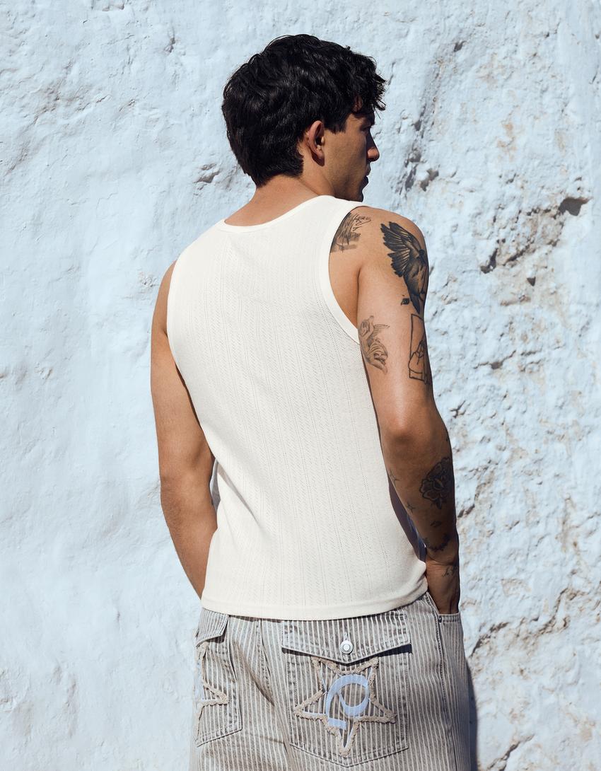 Askılı baskılı tişört-Kirli beyaz