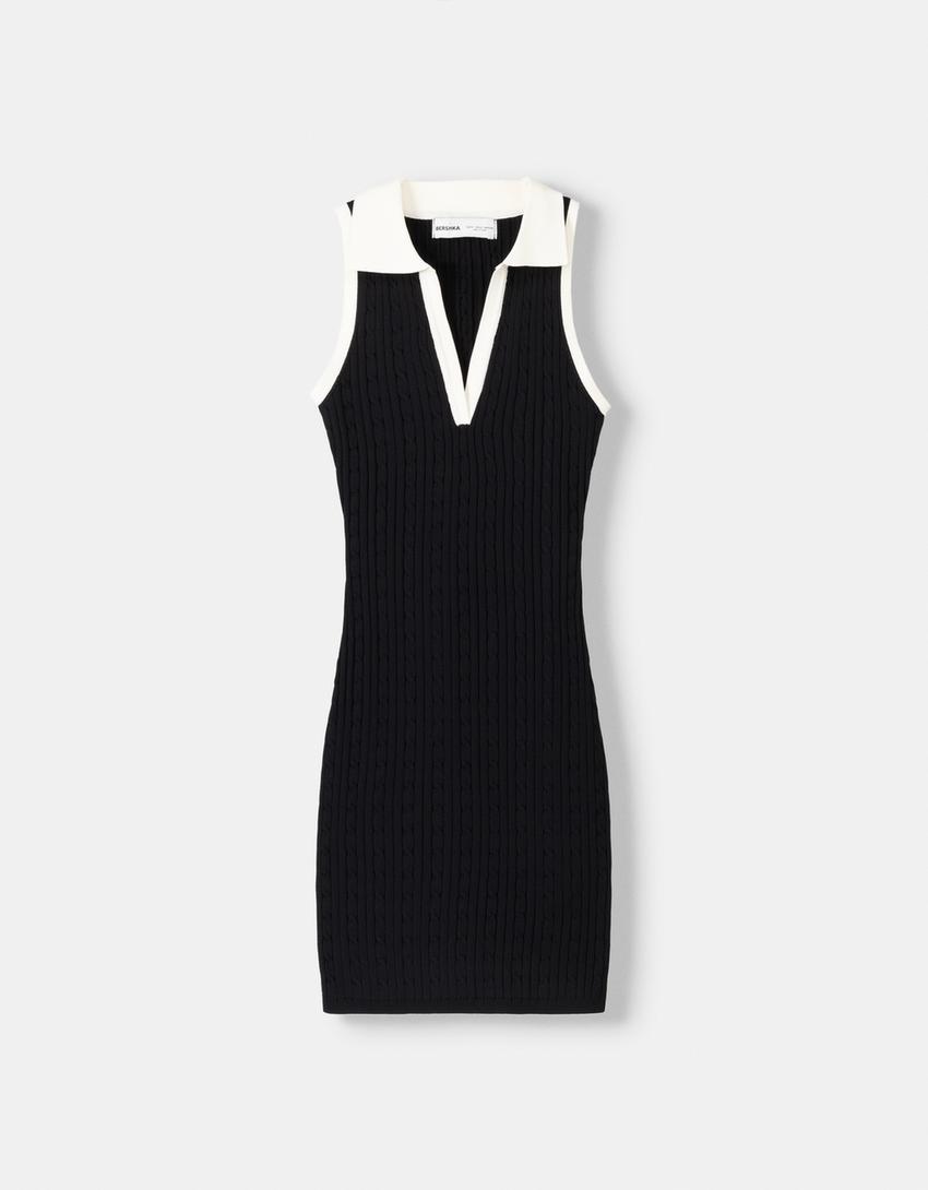 Vestido mini trenzado cuello polo contraste-Negro-5