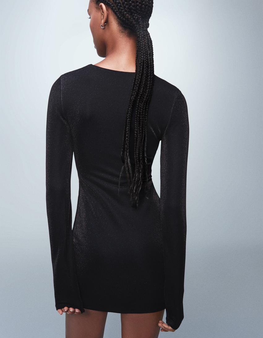 Vestido mini manga larga fruncido efecto brillo-Negro