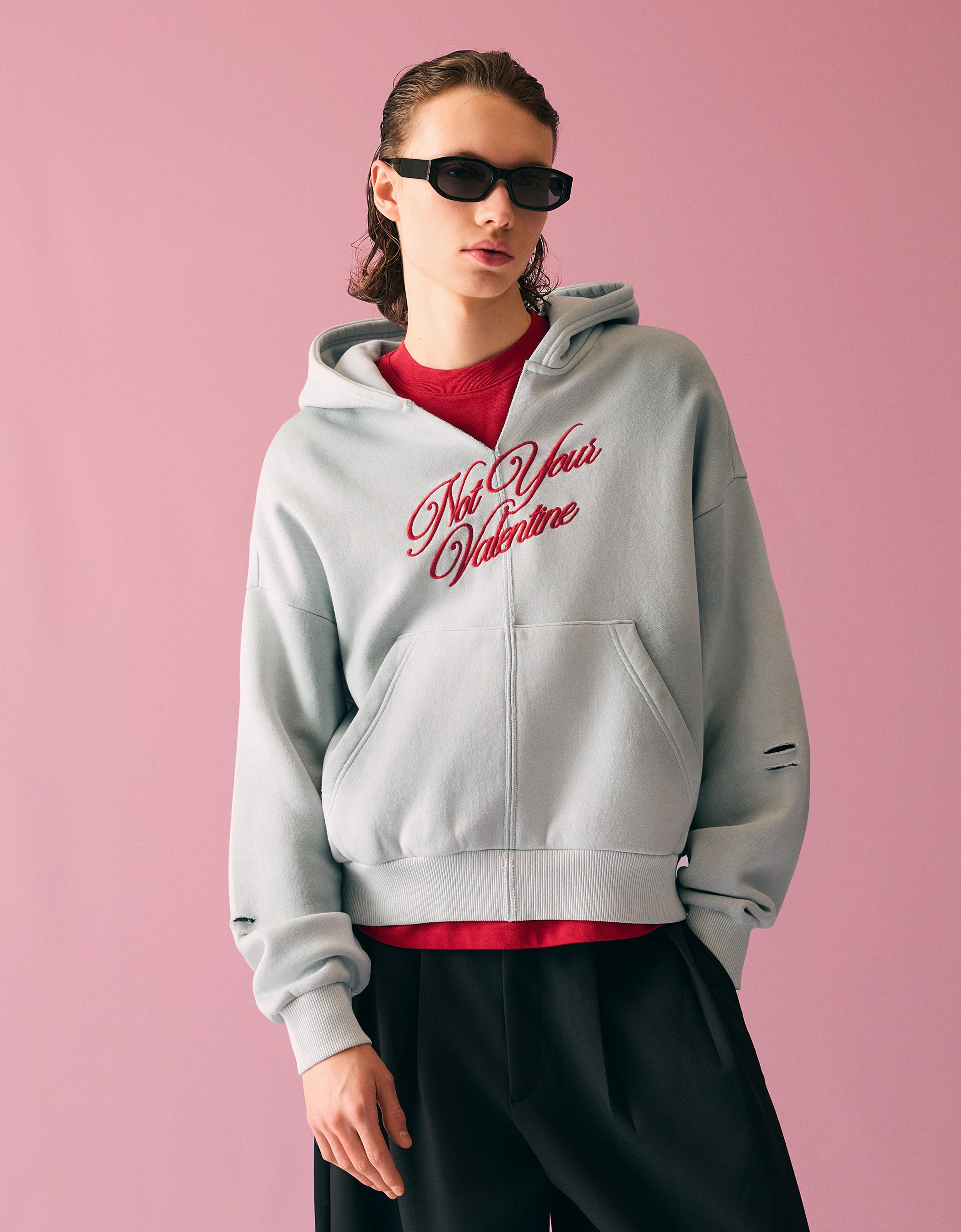 Bershka Cropped-Kapuzenpullover Mit Print Herren Xs Grau