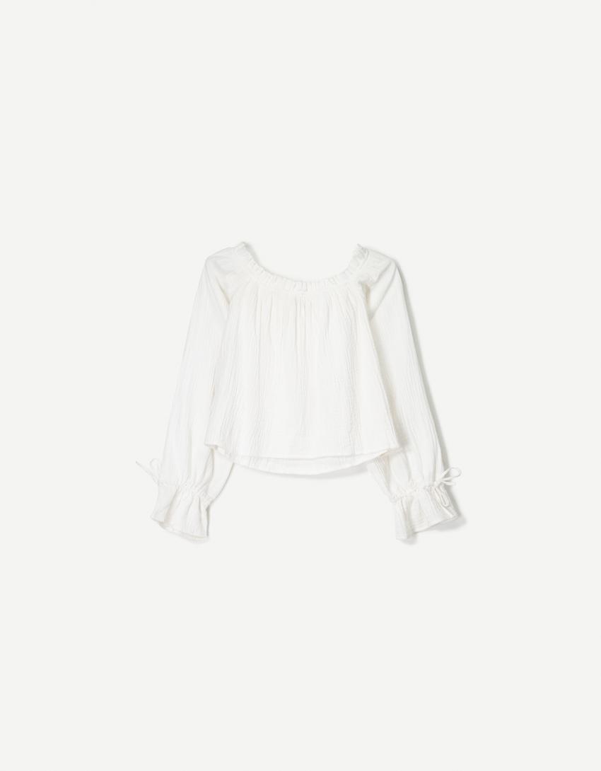 Off-the-shoulder blouse with tie detail-Cream-4
