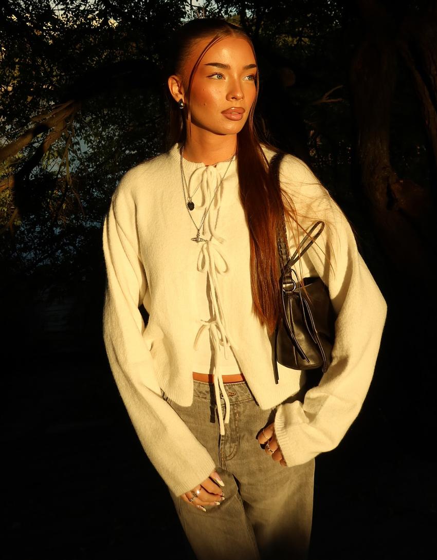 Cardigan con lacci-Avorio