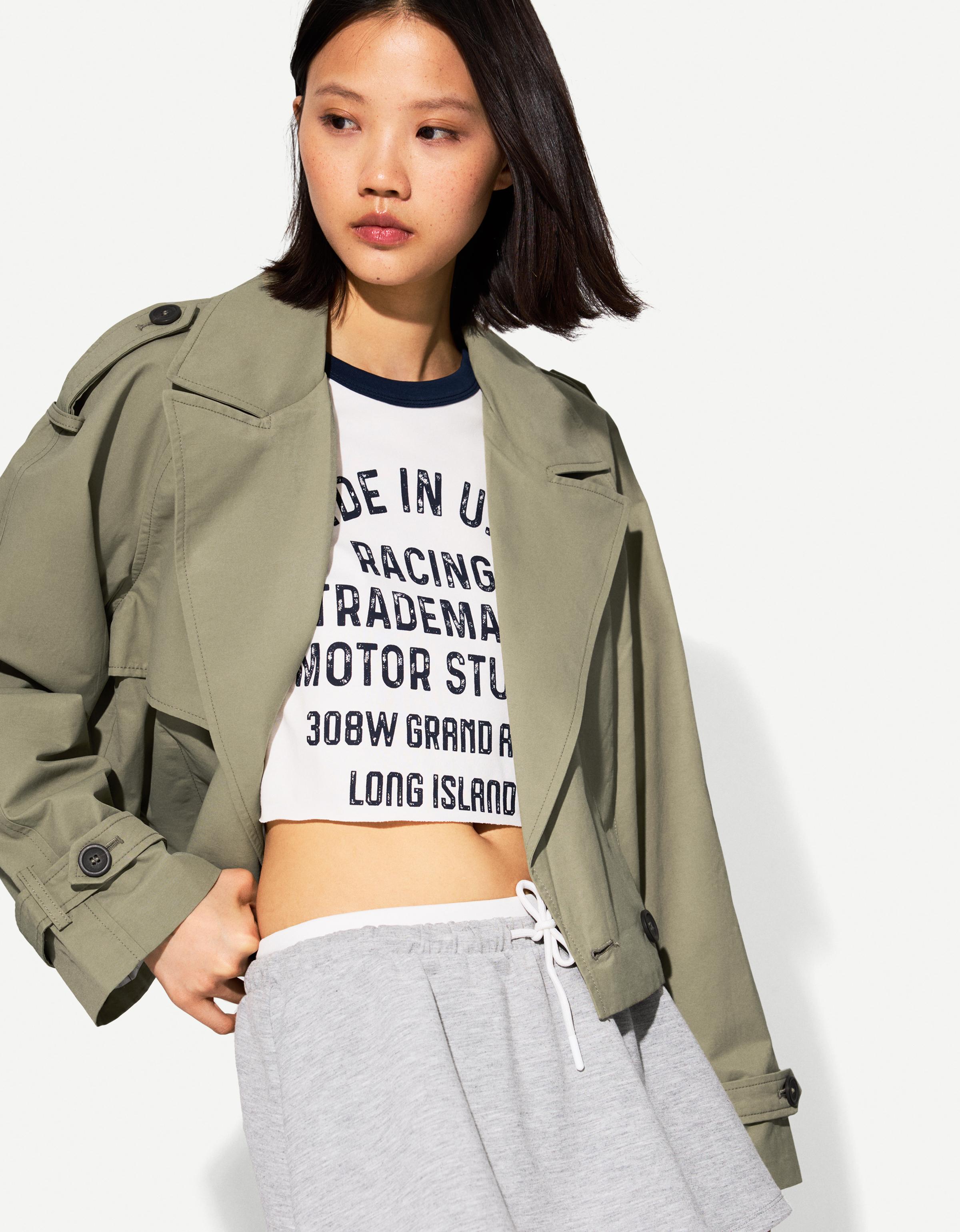 Bershka Kurze Trenchcoat-Jacke Damen M Khaki