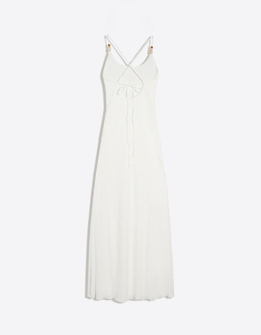 Vestido midi rústico tirantes-Crudo