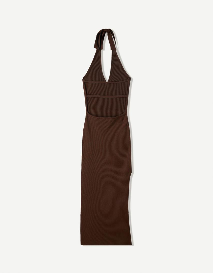 Vestito midi con collo halter-Marrone-5
