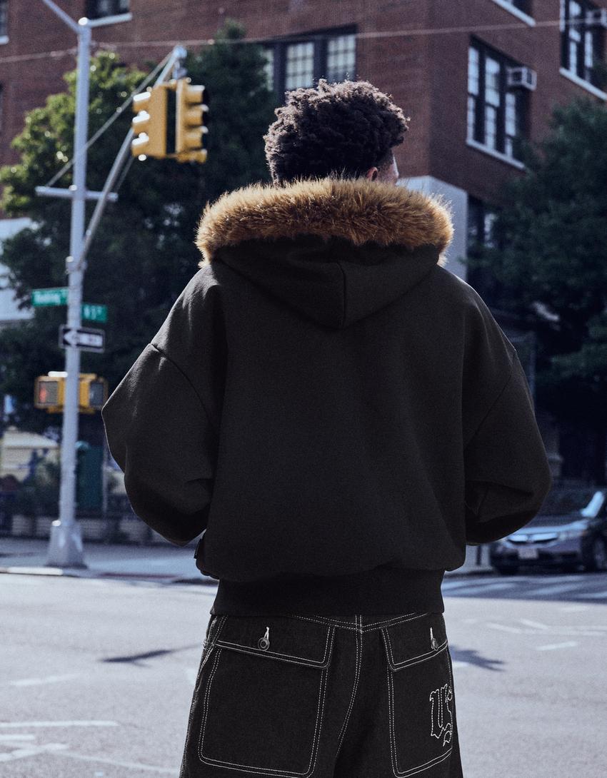ZOO YORK X BERSHKA hooded faux fur jacket-Black