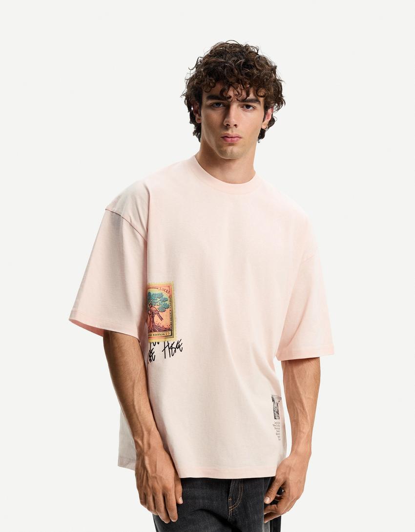 Printed short sleeve oversize T-shirt-Pink