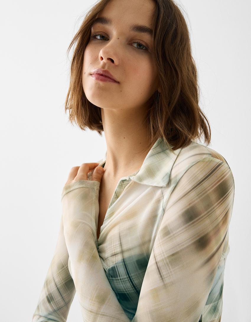 Büzgülü gömlek yaka uzun kollu tül t-shirt-Krem-5