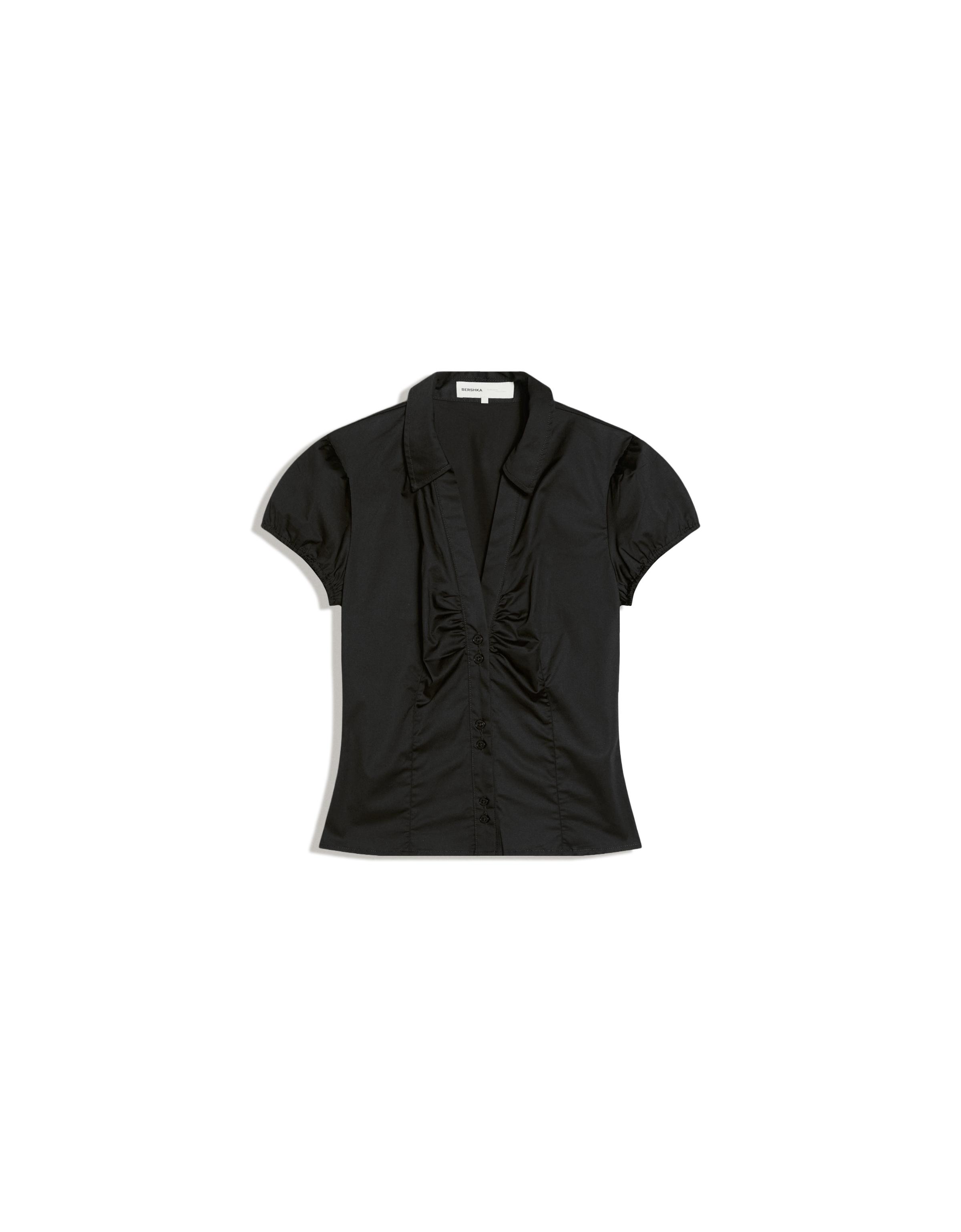Short sleeve poplin tie-front shirt — Black