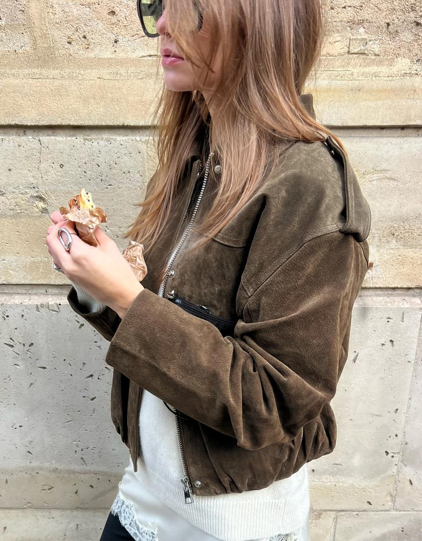 Leather and suede jacket-Khaki