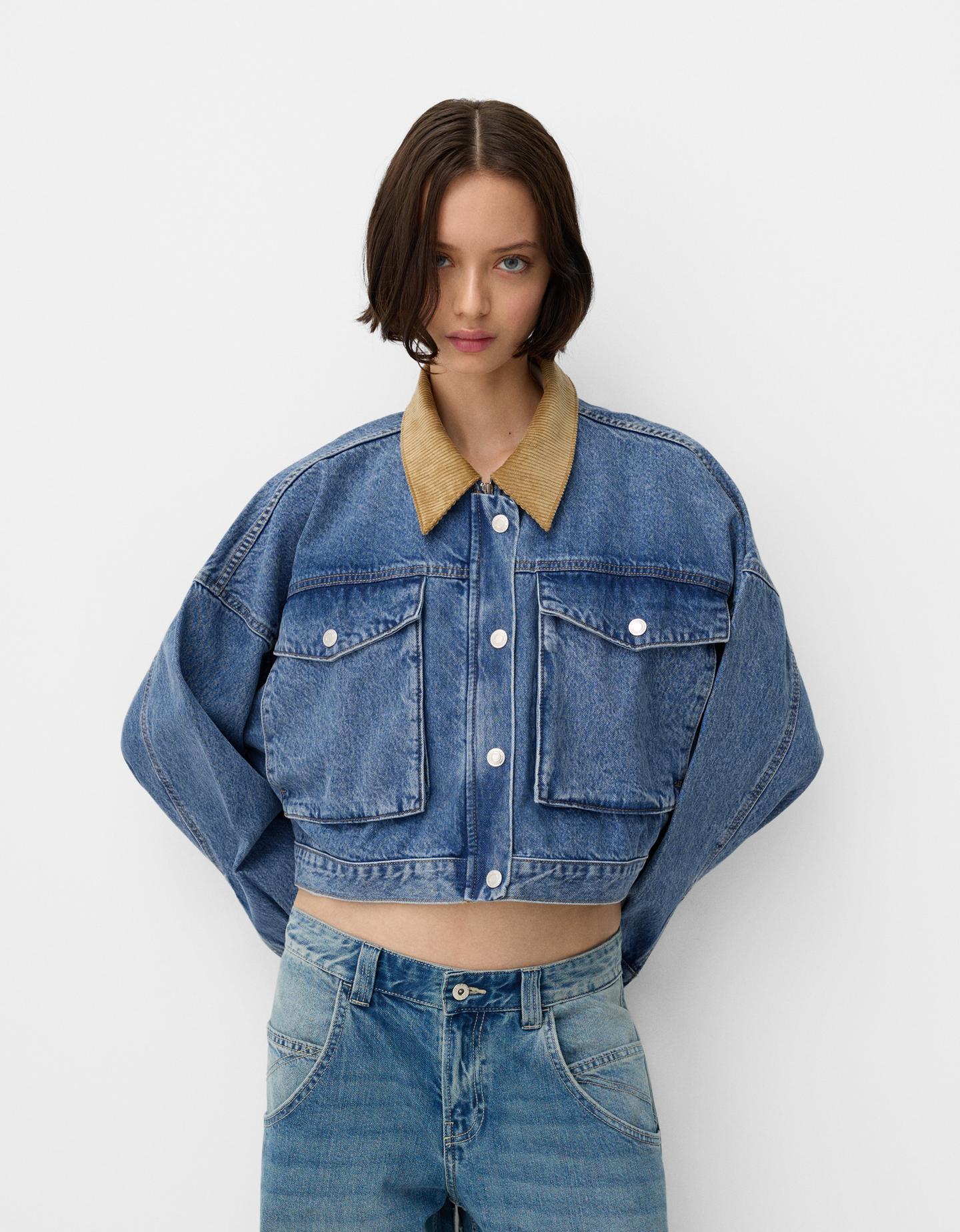 Bershka Cazadora Denim Cropped Cuello Contraste Mujer L Azul Lavado