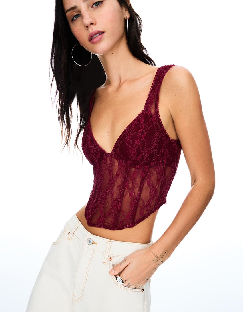 Lace top with straps-Maroon
