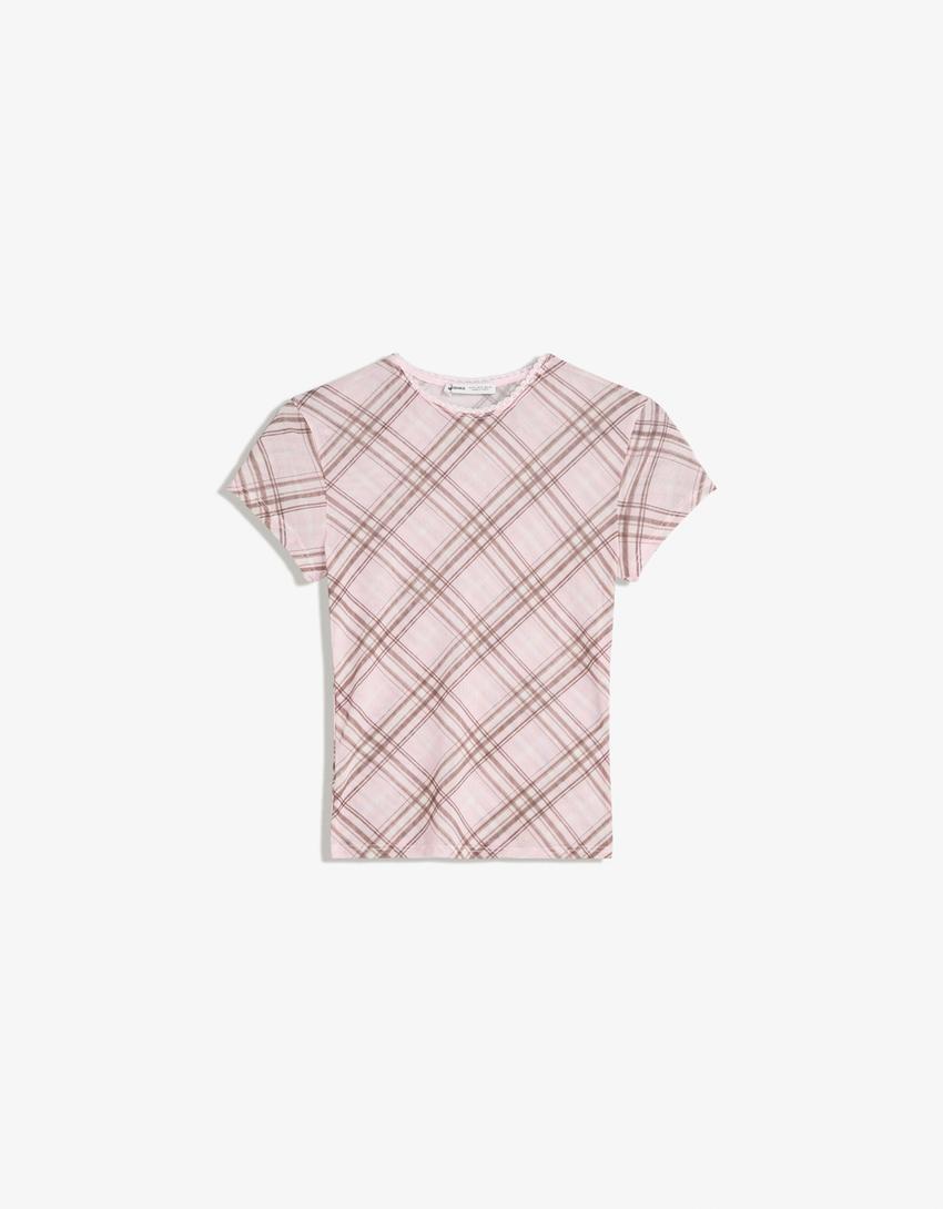 Printed short sleeve tulle T-shirt-Pink-0
