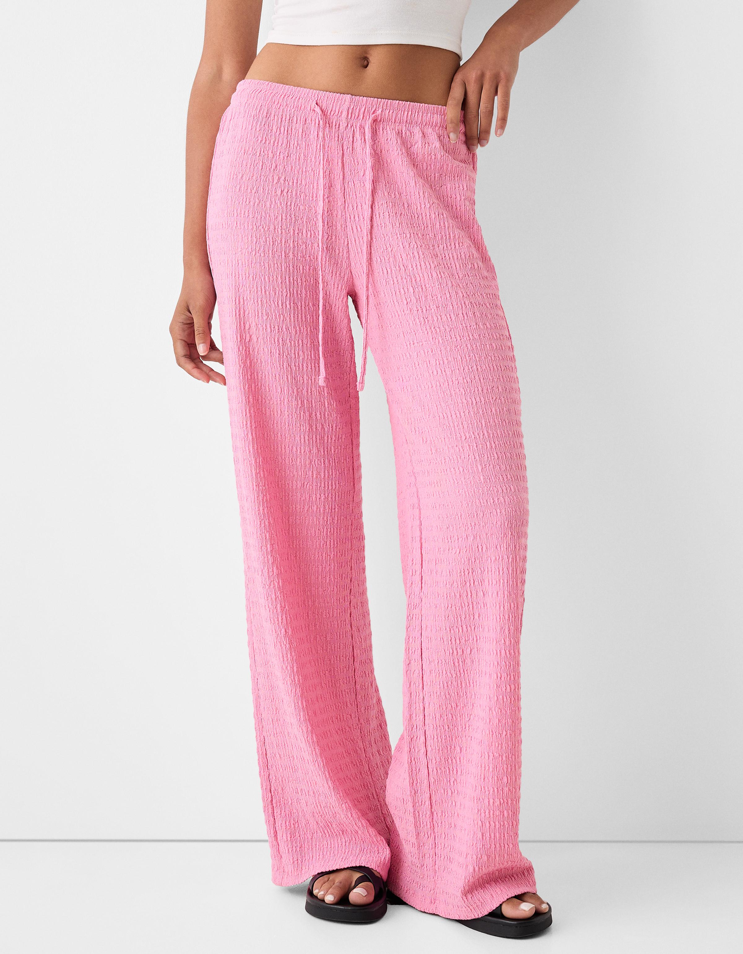 Bershka Straight-Leg-Hose Aus Waffelgewebe Damen Xs Rosa