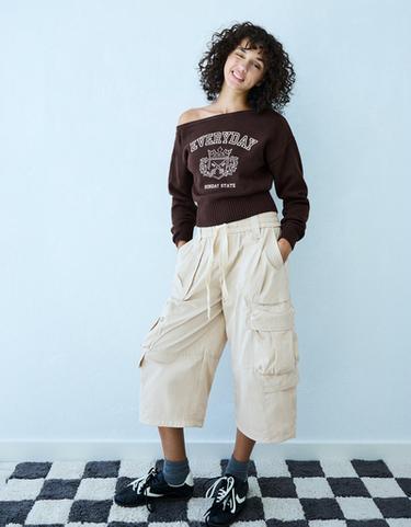 Asymmetric-neck printed jumper — Brown 3