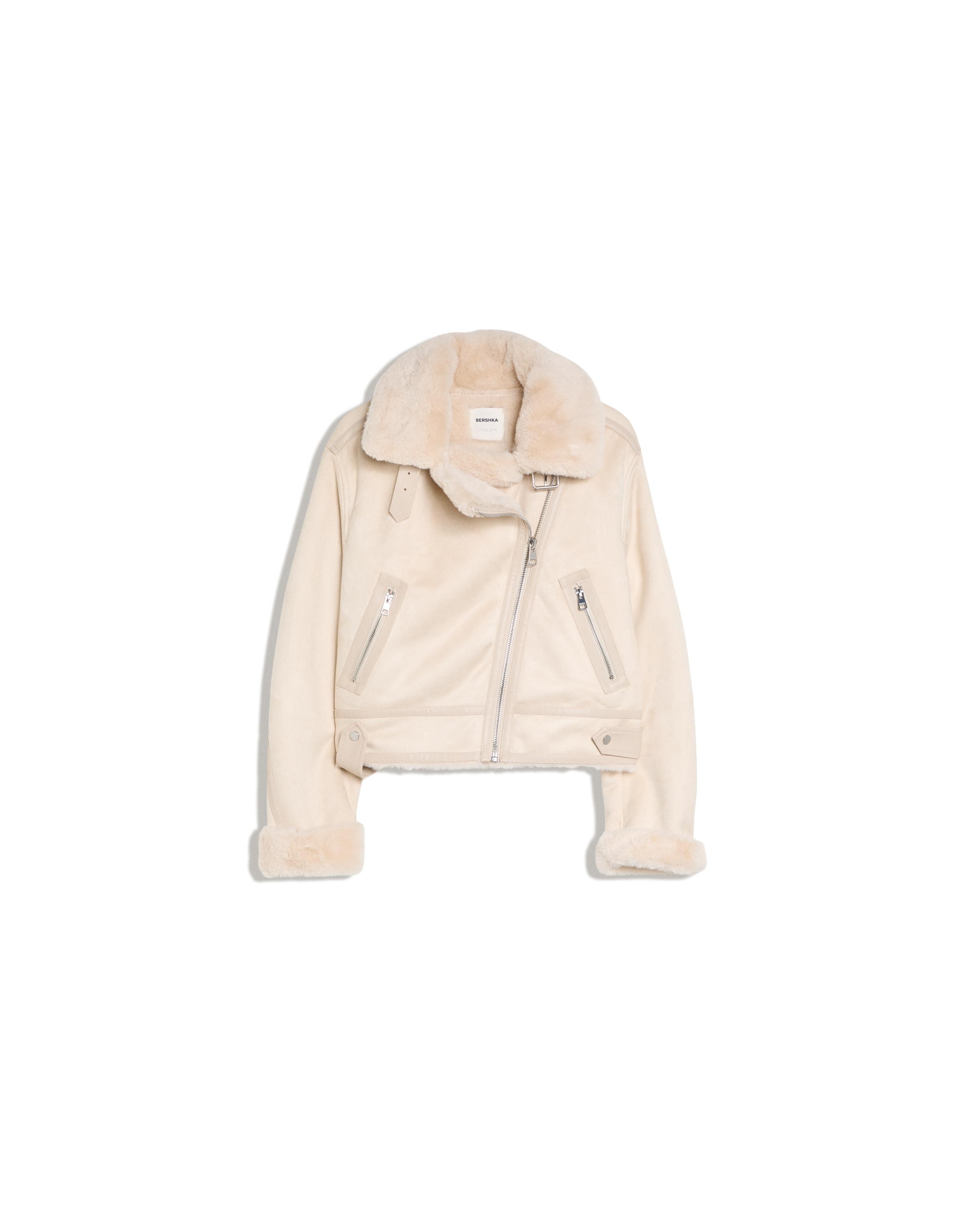 Cropped double-faced biker jacket — Cream