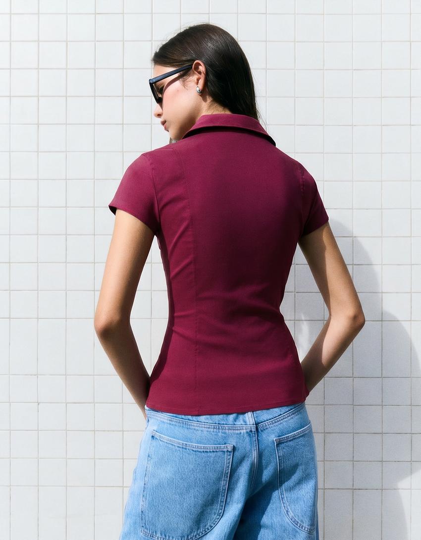 Short sleeve zip shirt-Maroon