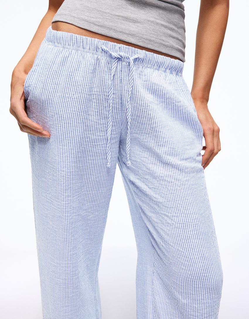 Keten görünümlü beli lastikli pantolon-Denizci mavisi