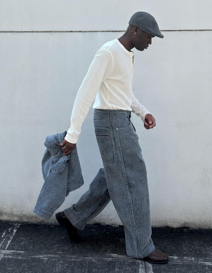 Textured baggy jeans-Light blue