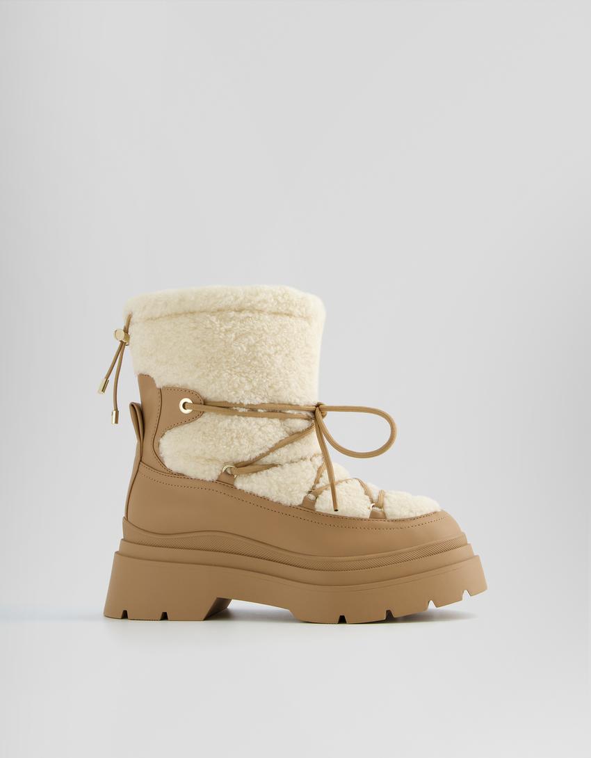 Contrast faux shearling ankle boots with lace-up detail-Multicolored-5