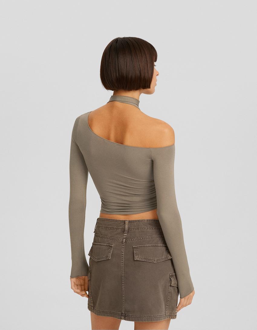 تيشرت وشاح غير متماثل بأكمام طويلة-كاكي-1