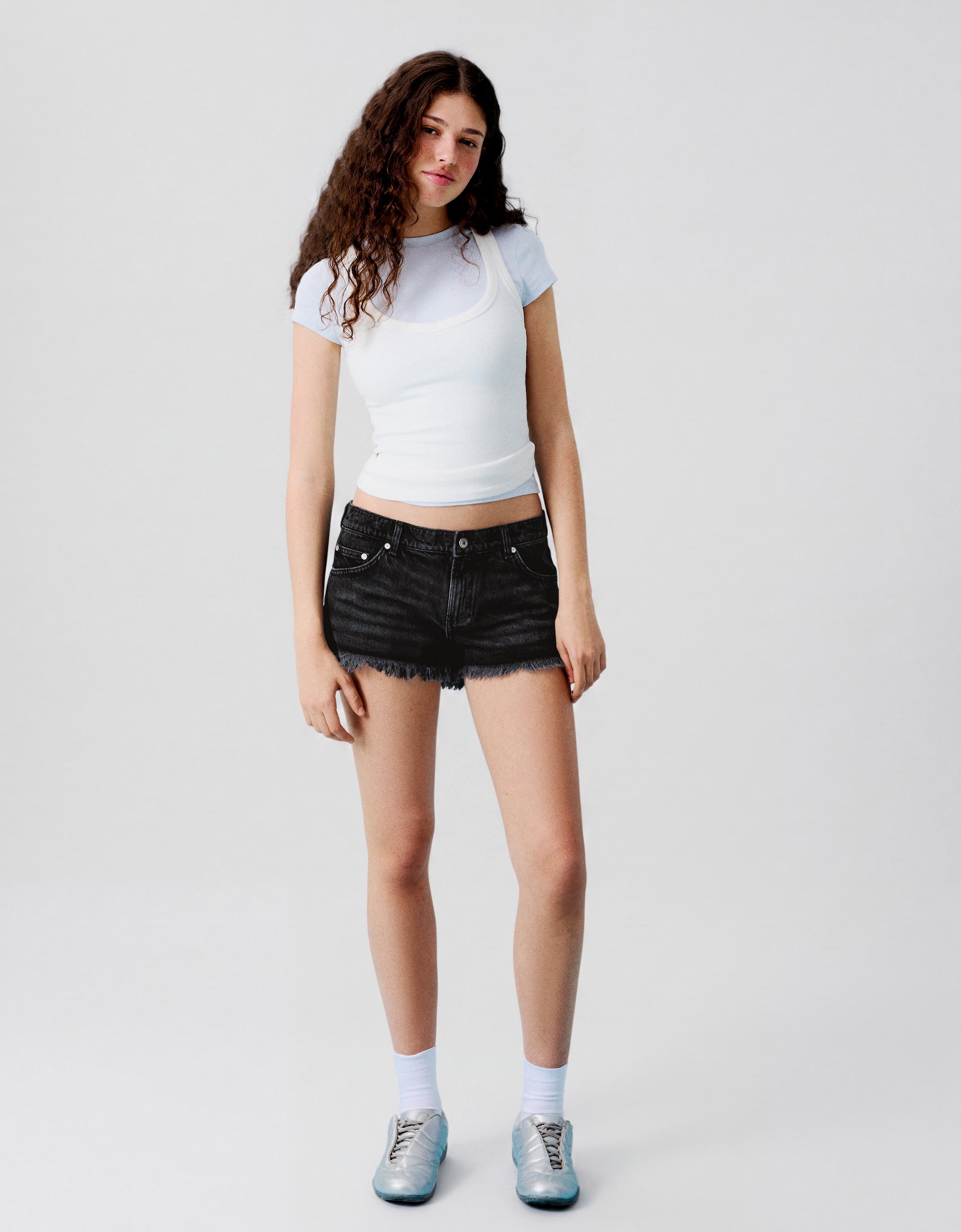 Denim mini shorts with frayed hem — Black
