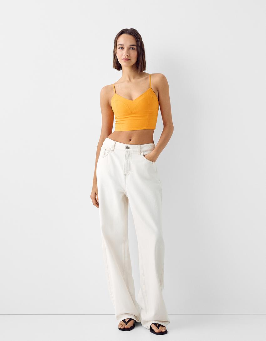 Crop top with linen-Orange-3