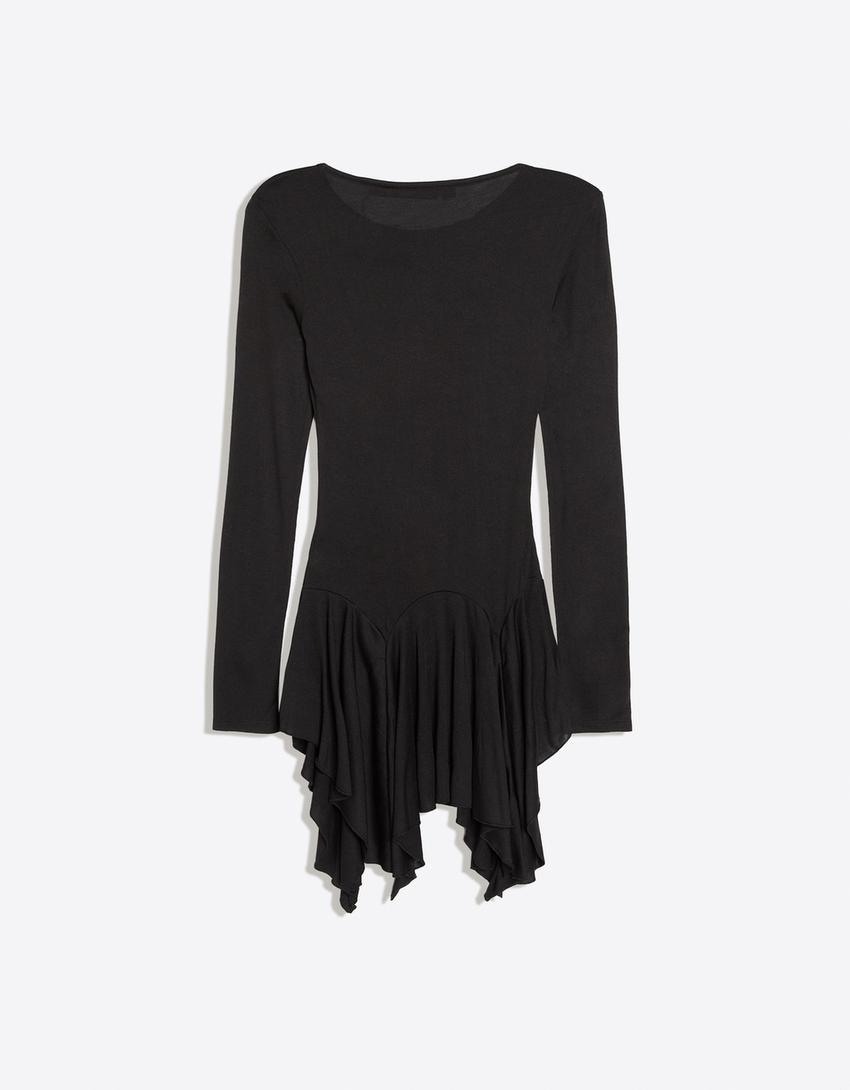 Long sleeve ruffled T-shirt-Black