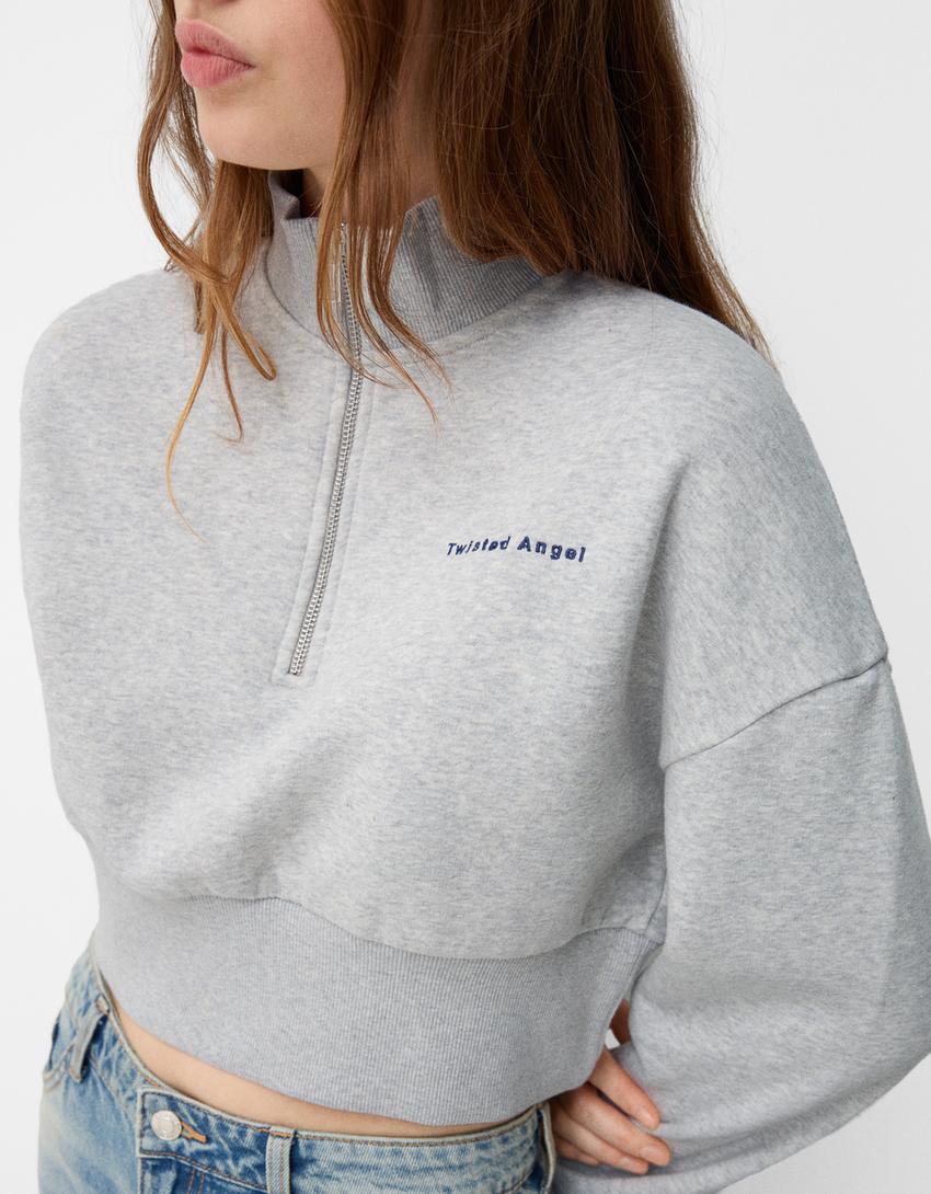 Sweat zippé brodé-Gris-2