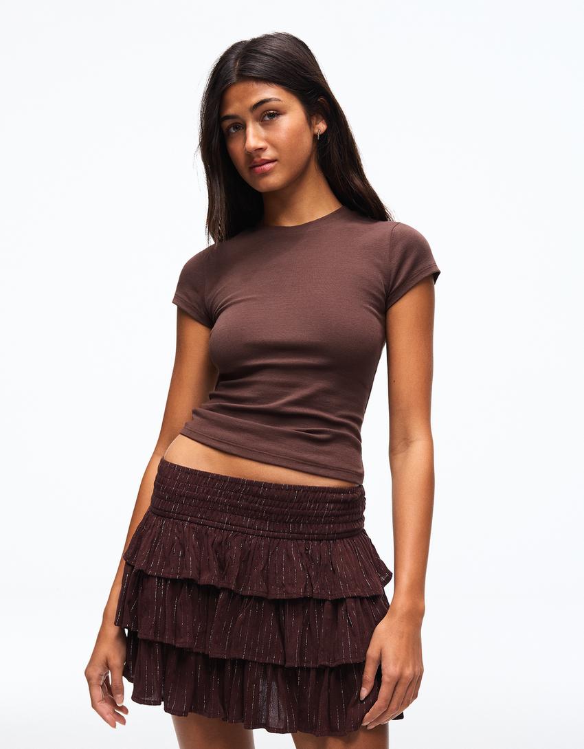 Metallic thread ruffled mini skirt-Brown