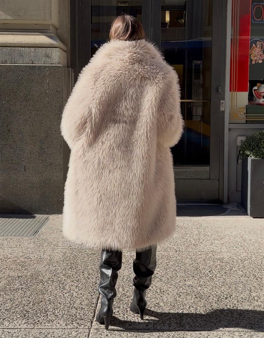 Μακρύ παλτό με συνθετική γούνα-Άμμου