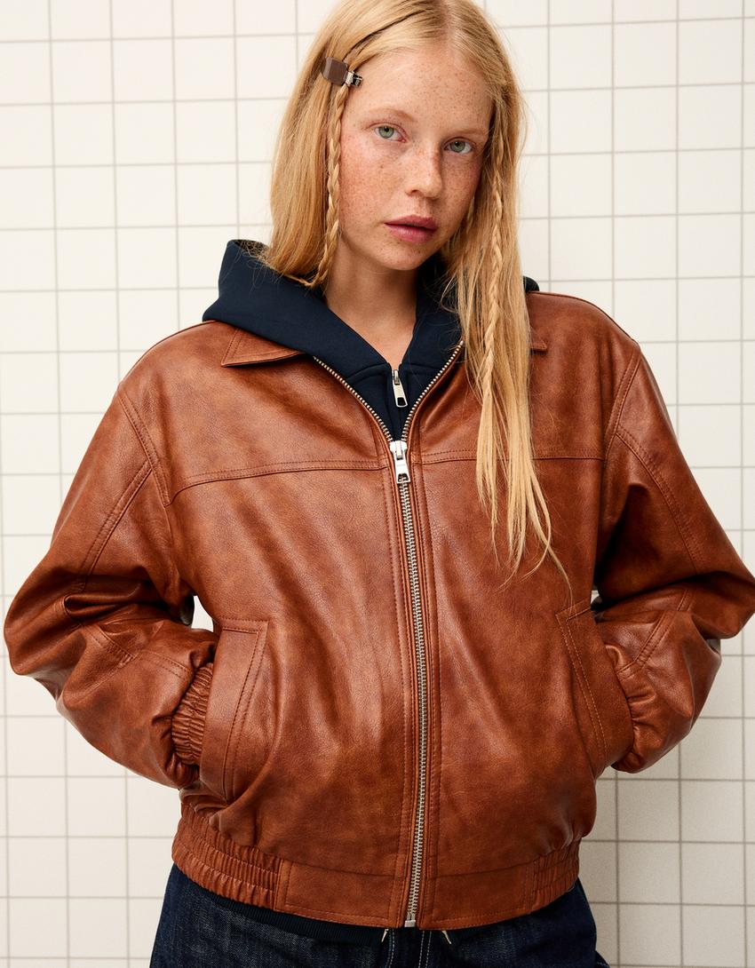 Faux leather oversize jacket-Camel-1