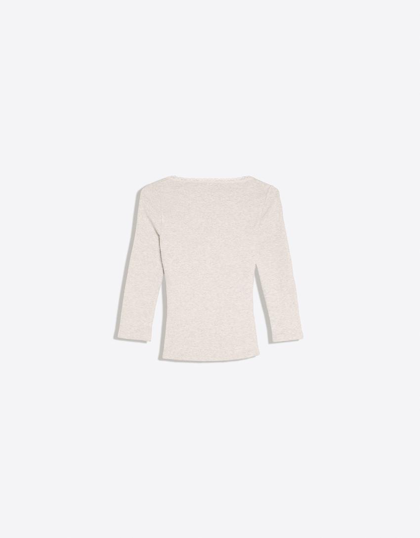 Maglietta maniche lunghe scollo a V pizzo-Grigio